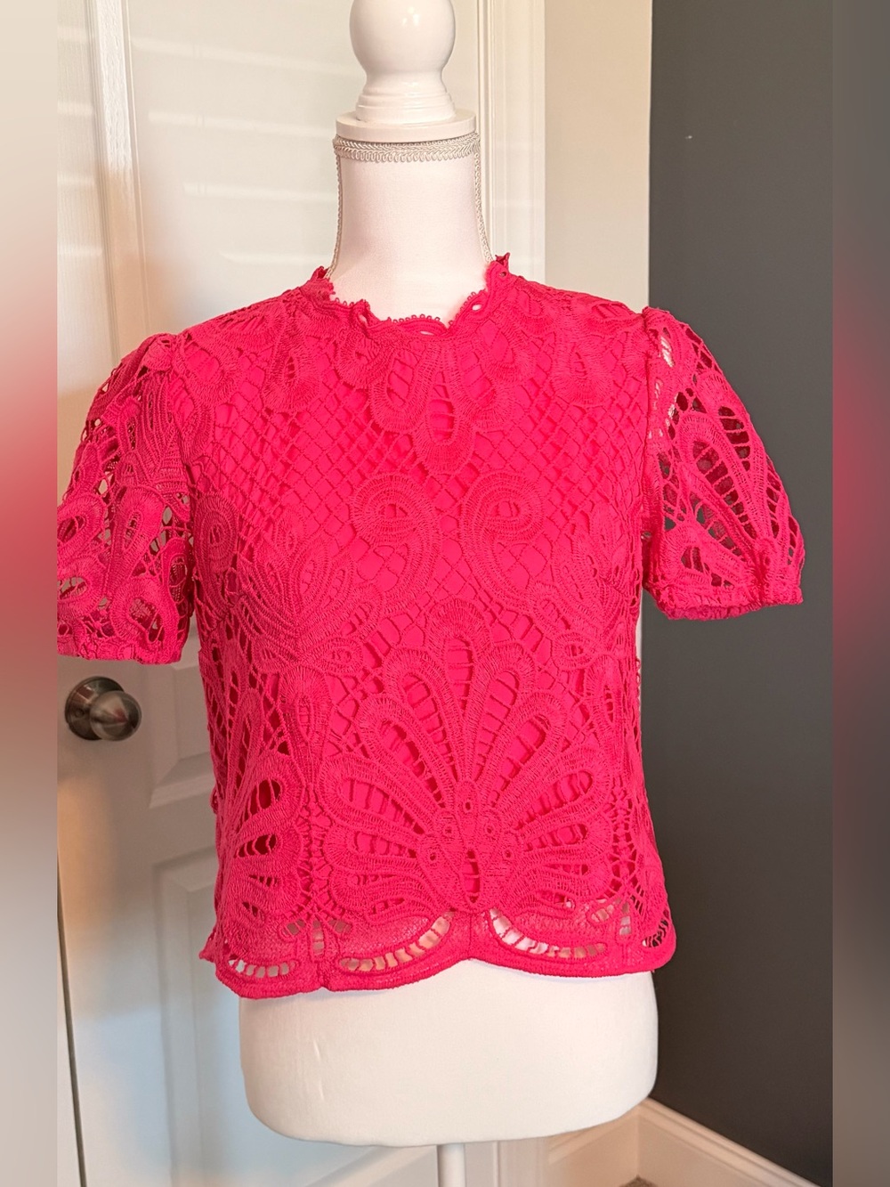 SHEIN Bright Pink Lace Crochet Short-Sleeve Top